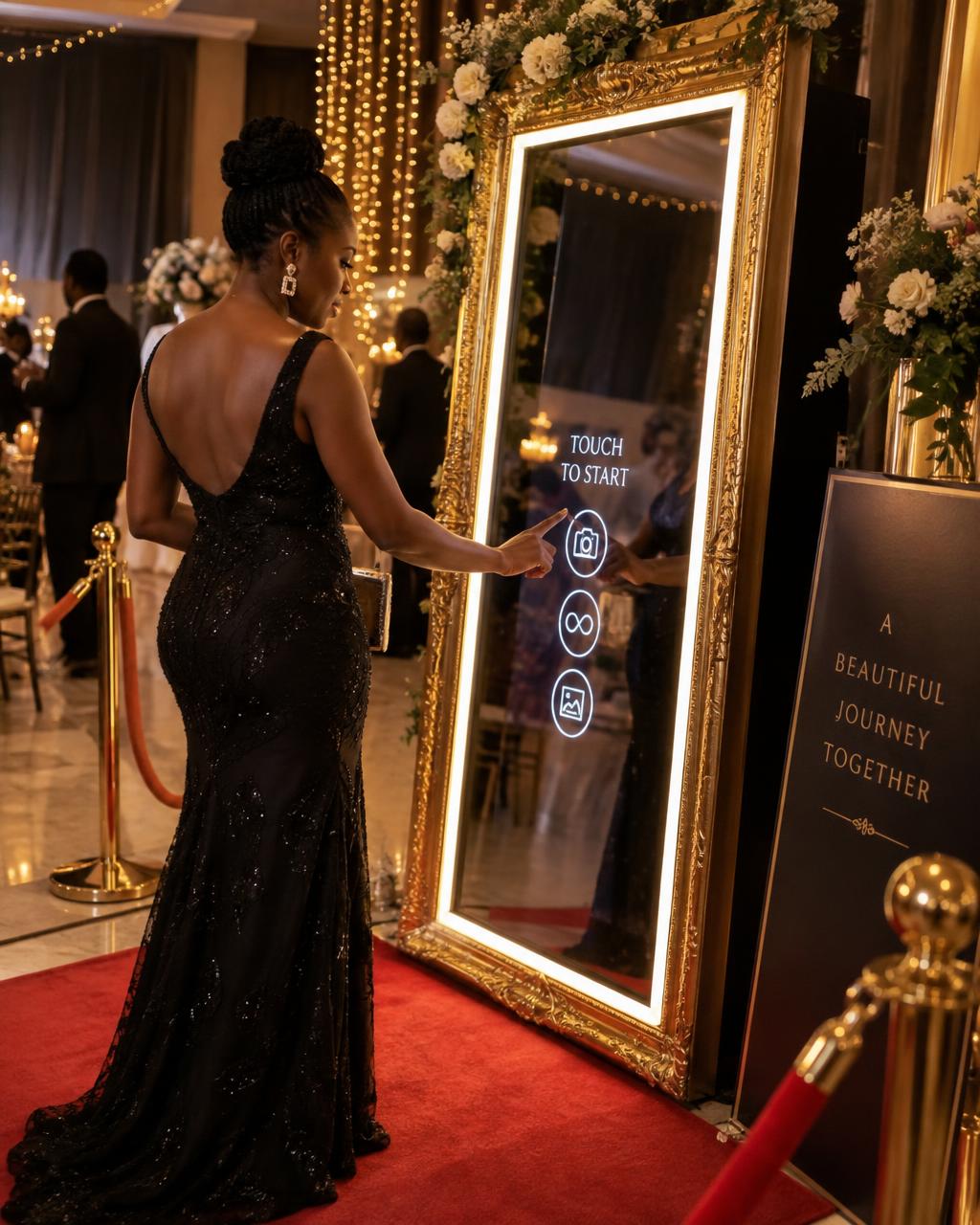 Illustrative gold-framed mirror photo booth